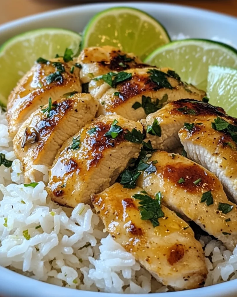 Coconut Lime Chicken with Rice served with fresh herbs and fluffy white rice