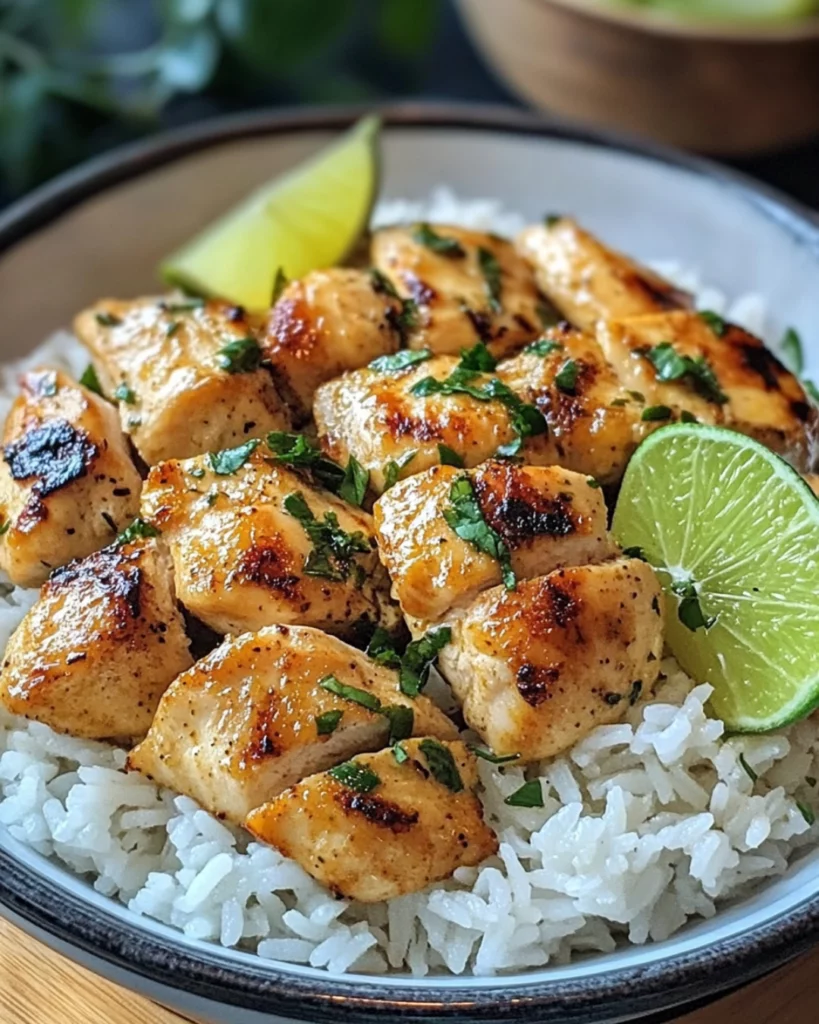 Coconut Lime Chicken with Rice served with fresh herbs and fluffy white rice