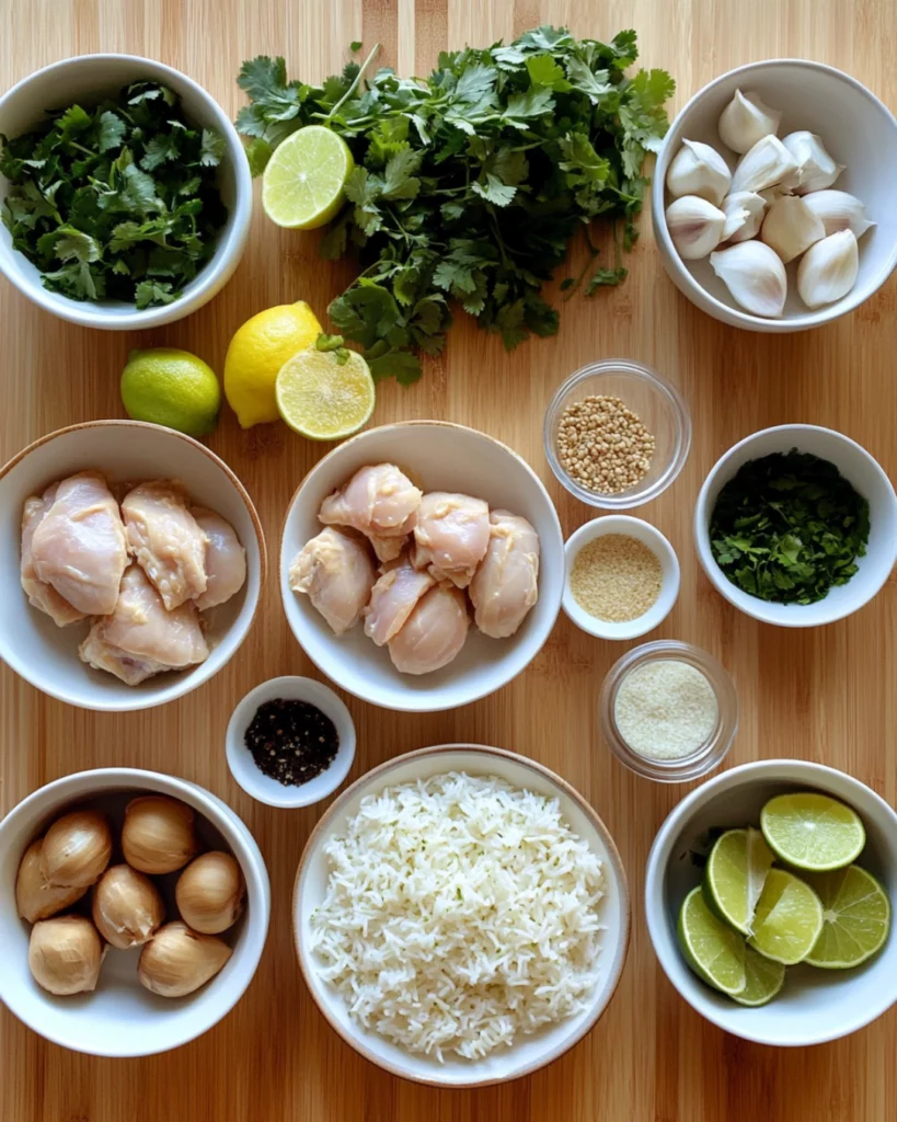 Coconut Lime Chicken with Rice served with fresh herbs and fluffy white rice