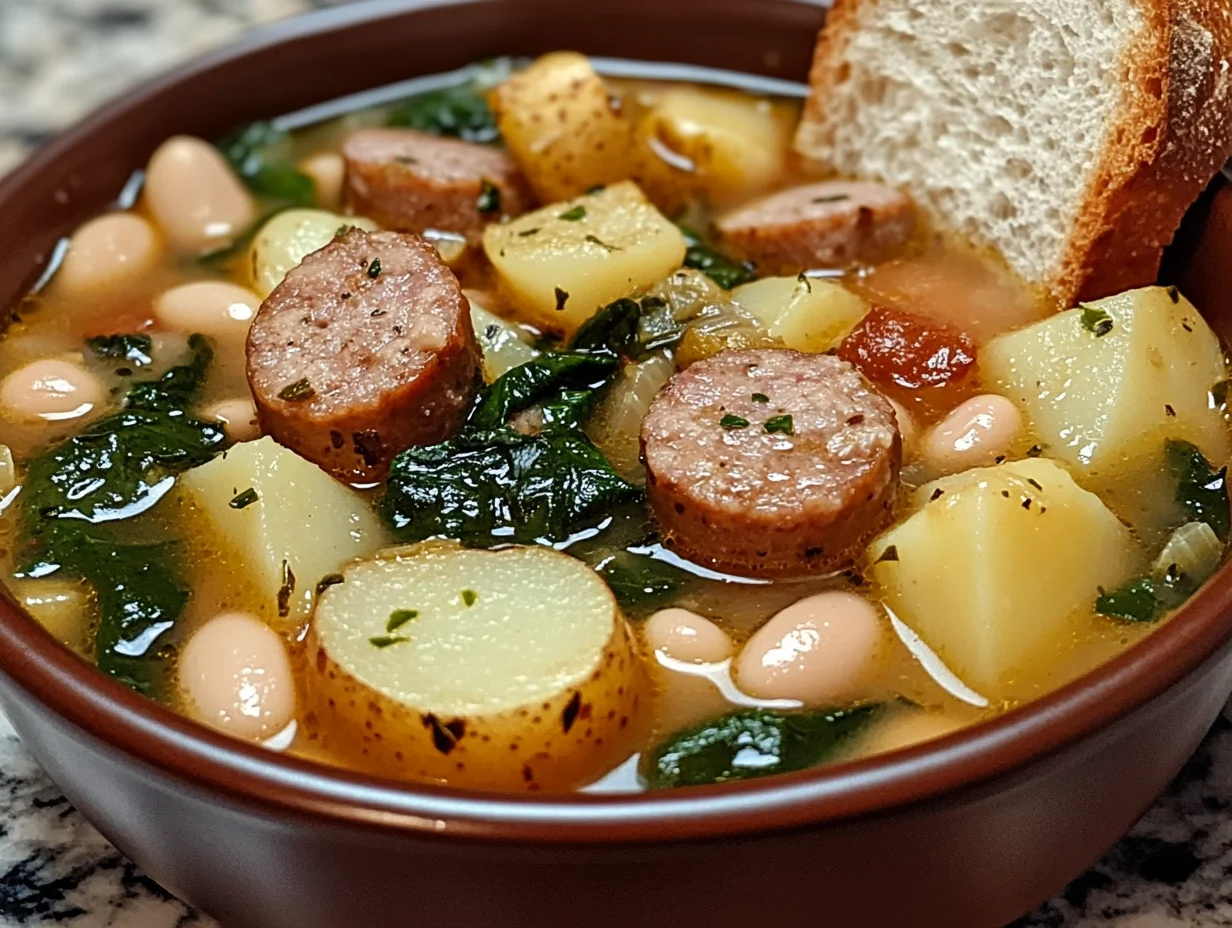 Sausage Soup with Spinach, Potatoes & White Beans | Cozy Recipe