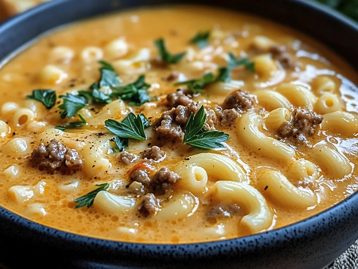 One-Pot Macaroni Cheeseburger Soup - Cozy, Quick, & Delicious!