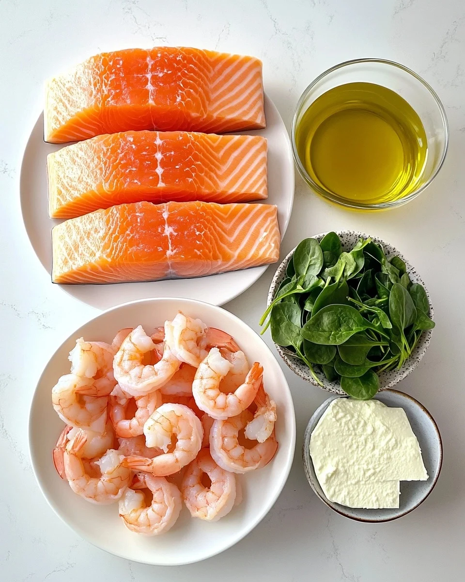 ingredients for Creamy Spinach & Shrimp Stuffed Salmon