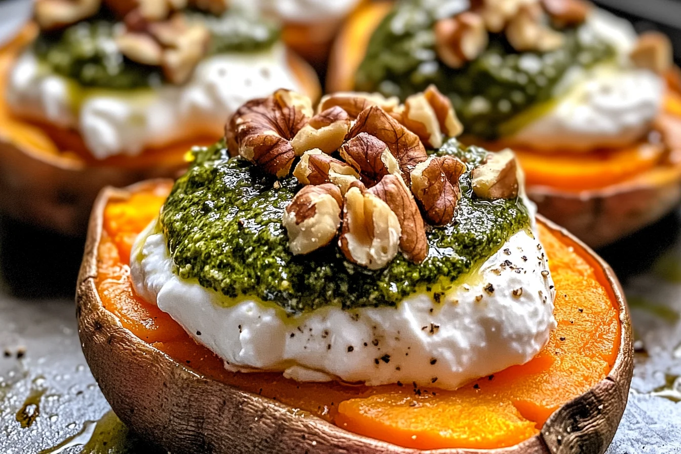 Stuffed Sweet Potatoes with Burrata, Walnuts & Sage Pesto Recipe
