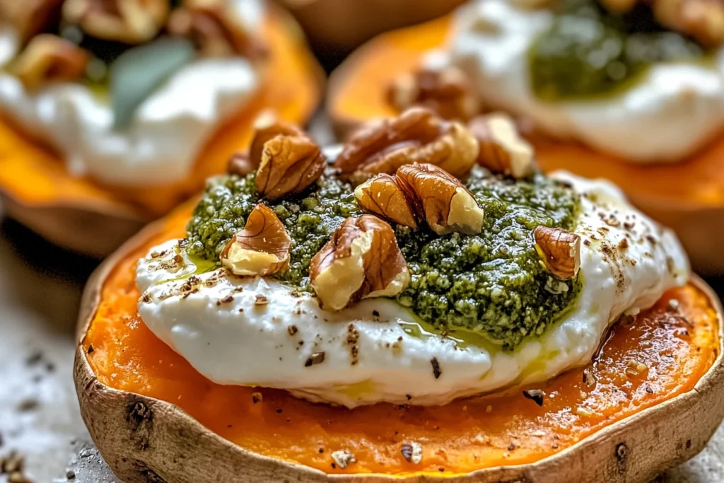 Stuffed Sweet Potatoes with Burrata, Walnuts & Sage Pesto Recipe