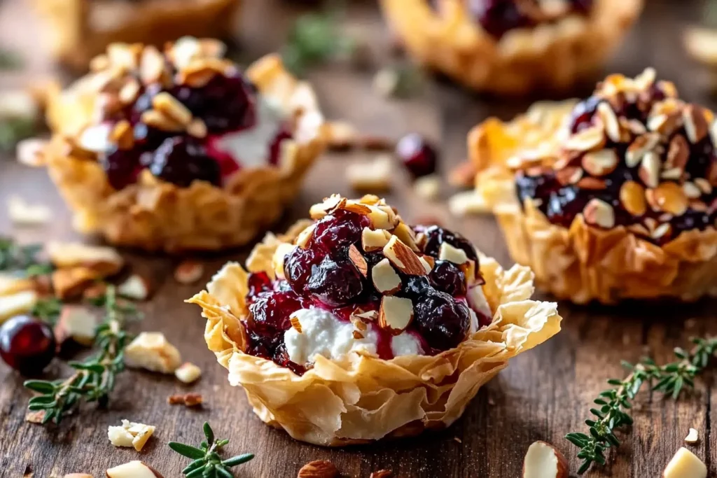 Cranberry & Almond Goat Cheese Phyllo Cups with Maple Balsamic Glaze