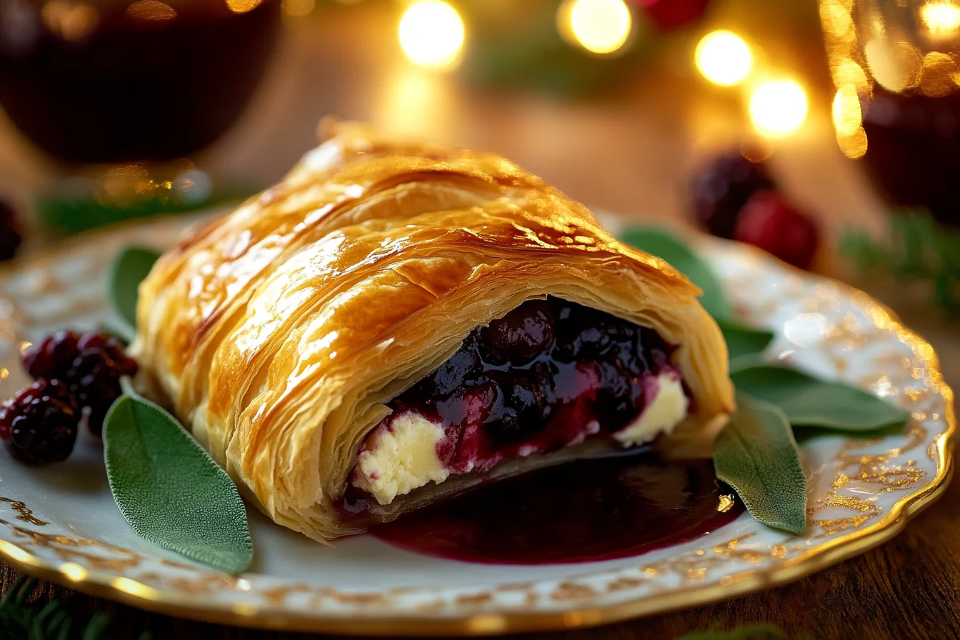 Baked Pear & Sage Wellington with Ricotta & Berry Reduction