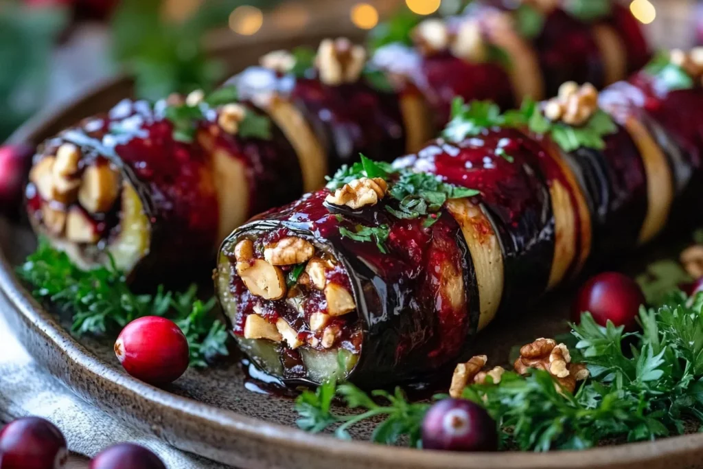 Eggplant & Walnut Ricotta Rolls with Cranberry Glaze