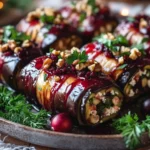 Eggplant & Walnut Ricotta Rolls with Cranberry Glaze