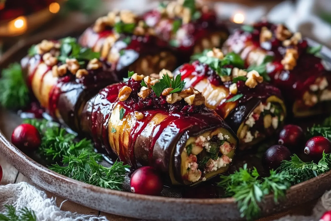 Eggplant & Walnut Ricotta Rolls with Cranberry Glaze