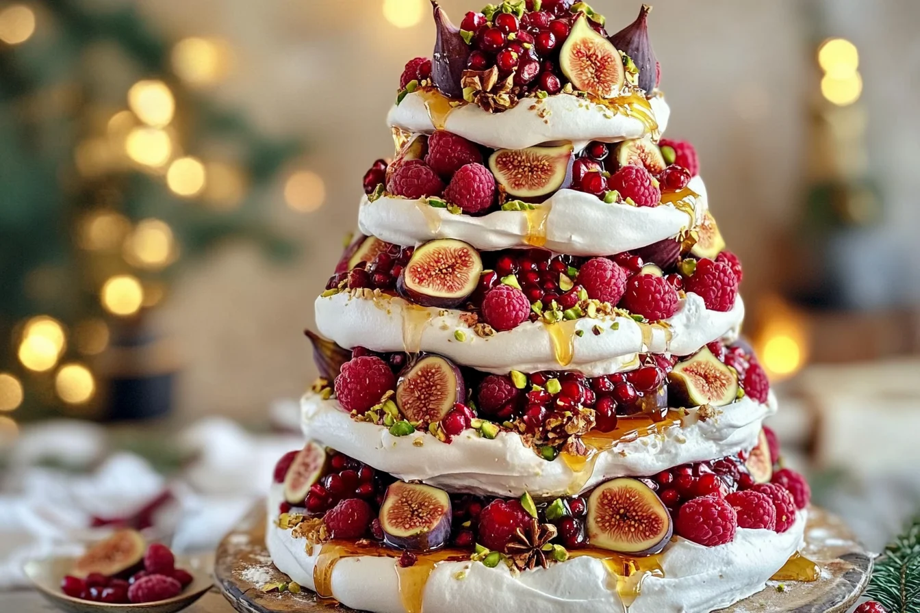 Honey-Baked Fig & Raspberry Pavlova Tower with Pomegranate