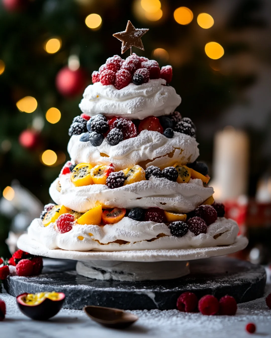 Pavlova Christmas Tree with Fresh Fruits
