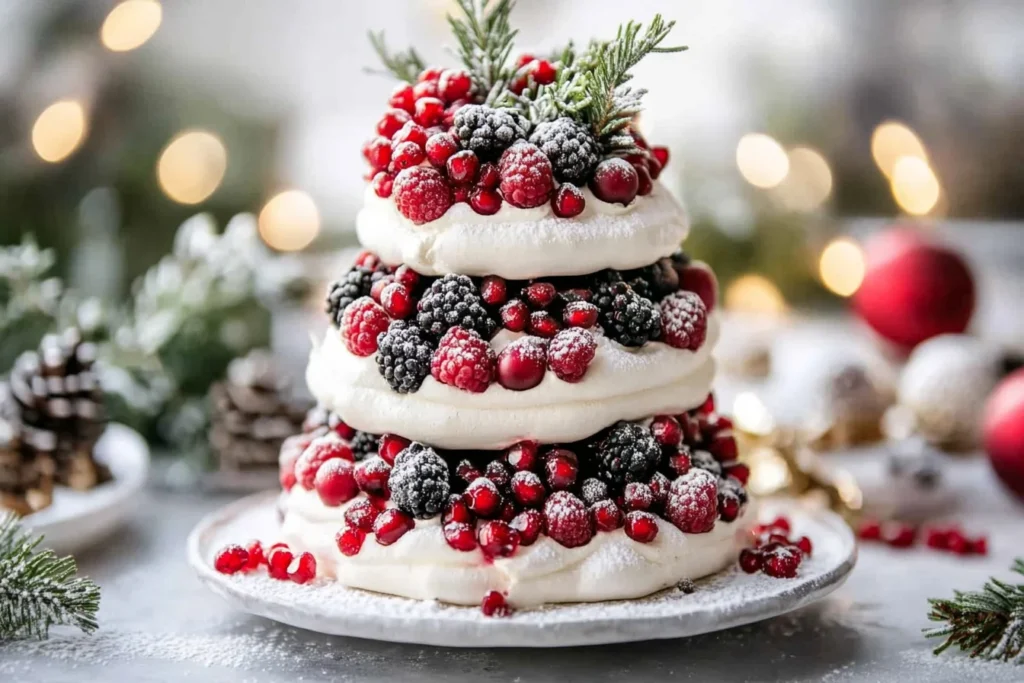 Pavlova Tower with Pomegranate, Raspberries, and White Chocolate Ganache 