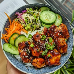 Sweet chili chicken recipe, rice bowls with sesame slaw, pickled cucumber chicken bowl, Asian-inspired chicken rice bowl