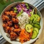 Sweet chili chicken recipe, rice bowls with sesame slaw, pickled cucumber chicken bowl, Asian-inspired chicken rice bowl