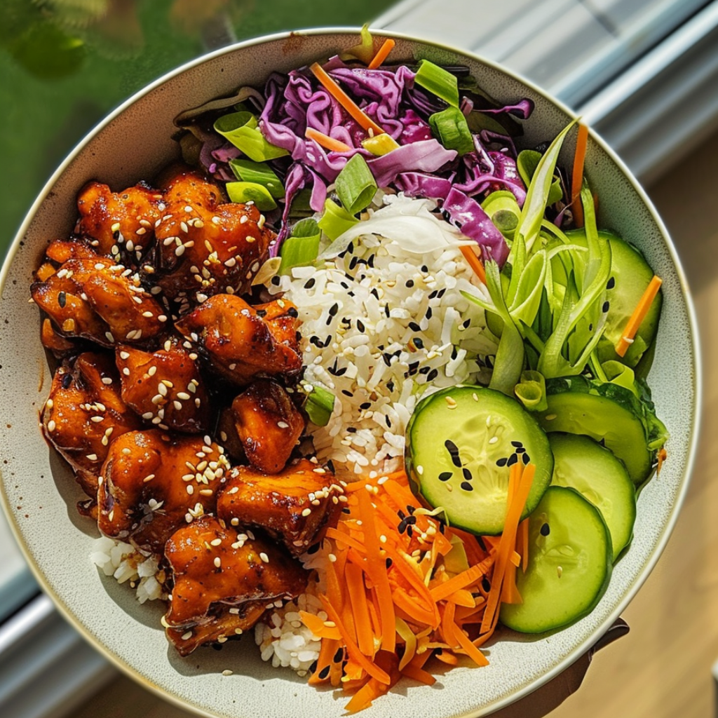 Sweet chili chicken recipe, rice bowls with sesame slaw, pickled cucumber chicken bowl, Asian-inspired chicken rice bowl