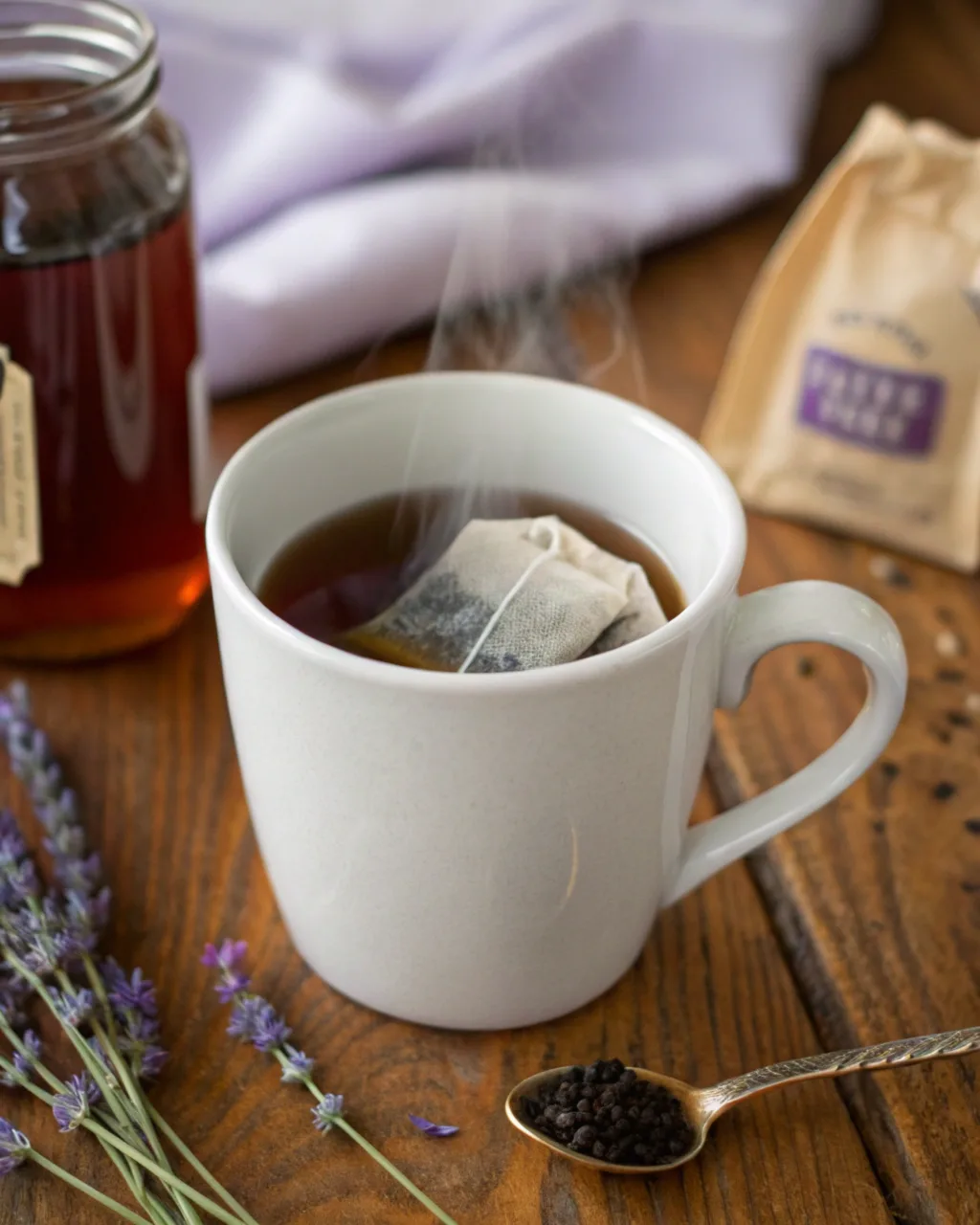 A close-up shot of steeping the Earl Grey tea bag in a mug with hot water and lavender syrup on the side