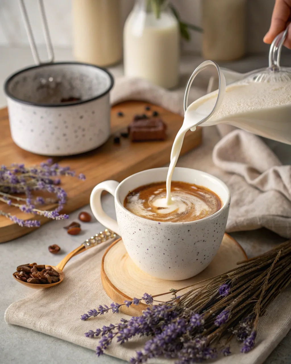A cozy kitchen scene with creamy frothed milk being poured into a mug of tea, creating frothy swirls, with dried lavender flowers and a small saucepan in the background