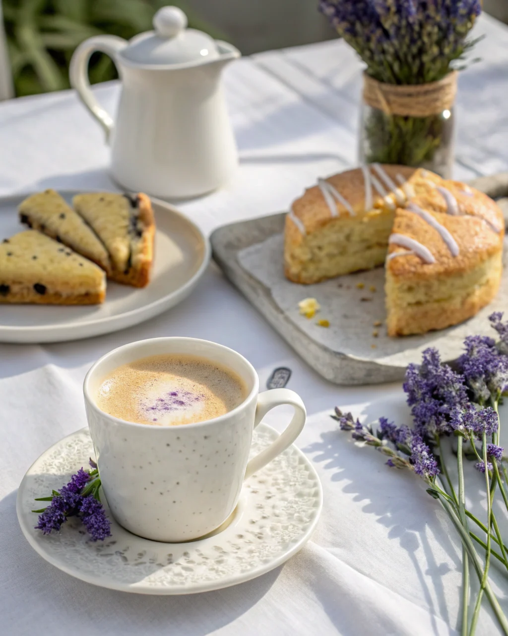 A beautifully arranged latte served alongside lavender scones and lemon drizzle cake on a brunch table
