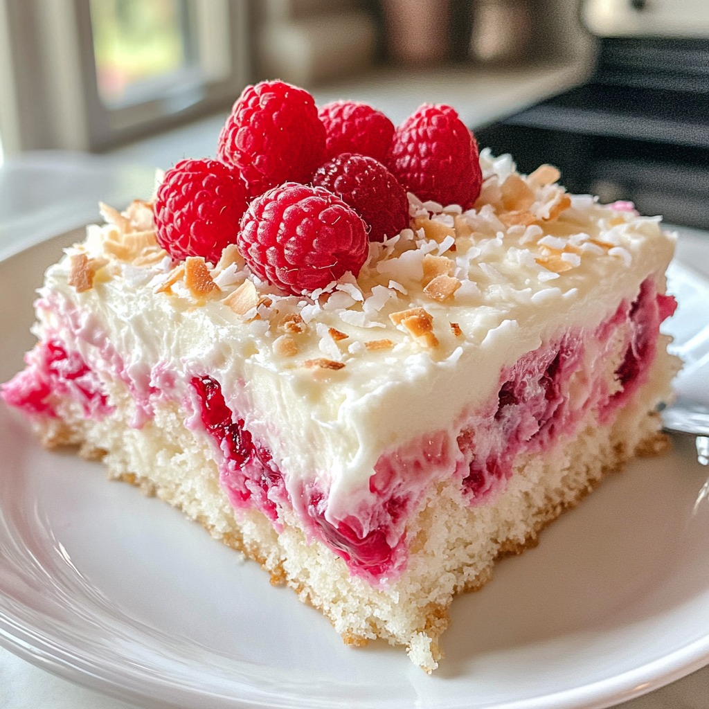 A slice of Raspberry Zinger Poke Cake topped with whipped cream and shredded coconut on a white plate