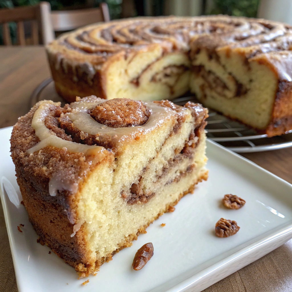 A slice of Grandma’s cinnamon coffee cake with a golden streusel topping on a white plate