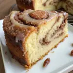 A slice of Grandma’s cinnamon coffee cake with a golden streusel topping on a white plate