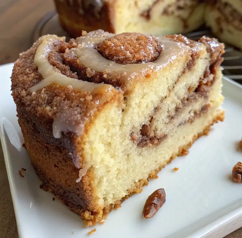 A slice of Grandma’s cinnamon coffee cake with a golden streusel topping on a white plate