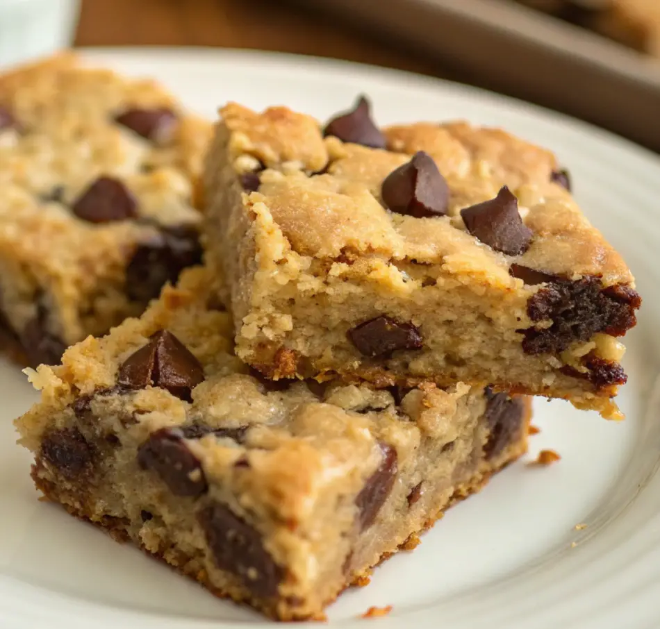 A plate of Mom’s Chocolate Chip Oatmeal Bars with gooey chocolate chips and a golden brown crust