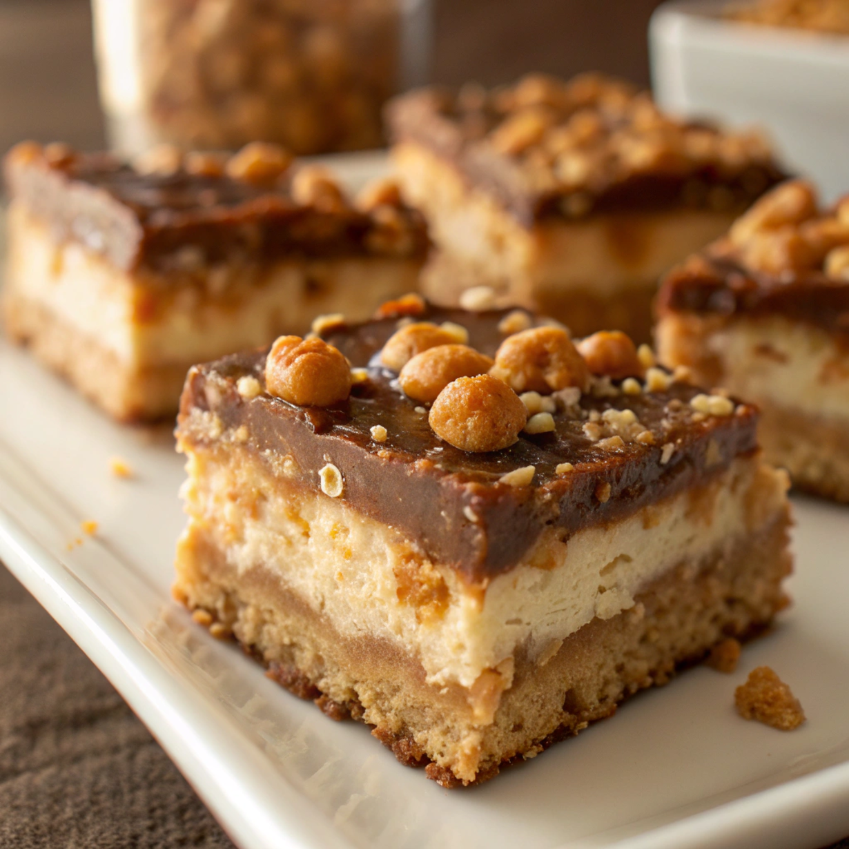 A slice of Scotcheroo Cheesecake Bars with creamy cheesecake filling and a crunchy Rice Krispies crust