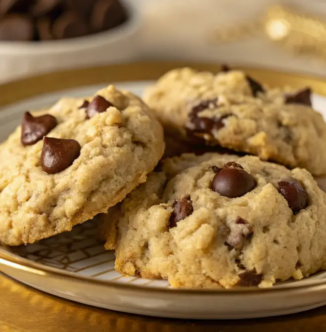 5-ingredient peanut butter oatmeal chocolate chip cookies on a cooling rack, golden brown and studded with melted chocolate chips.