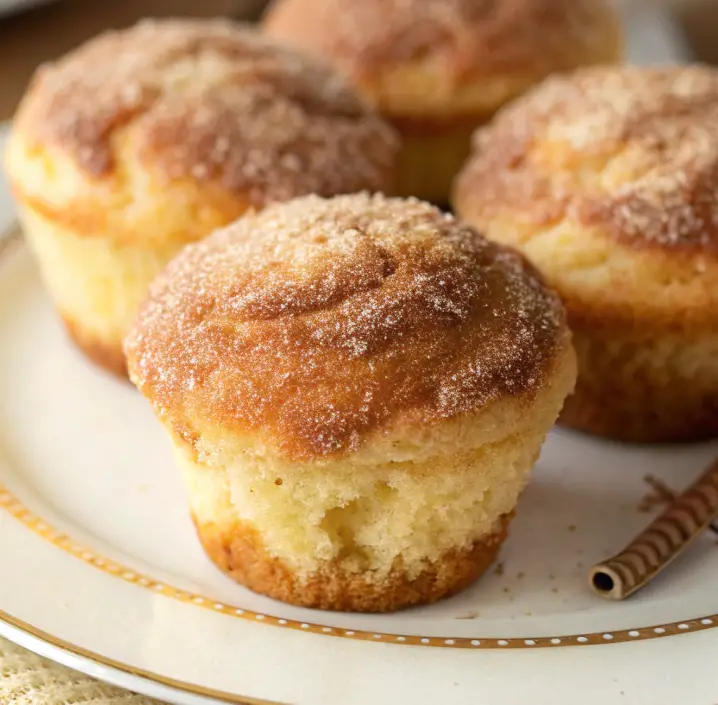 Close-up of Grandma’s Fluffy Cinnamon Sugar Donut Muffins, coated in a golden cinnamon sugar mix, served warm on a white plate