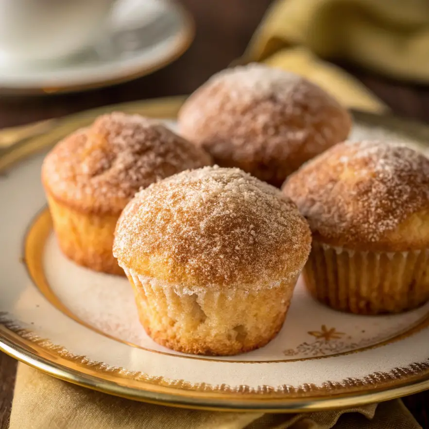 Close-up of Grandma’s Fluffy Cinnamon Sugar Donut Muffins, coated in a golden cinnamon sugar mix, served warm on a white plate