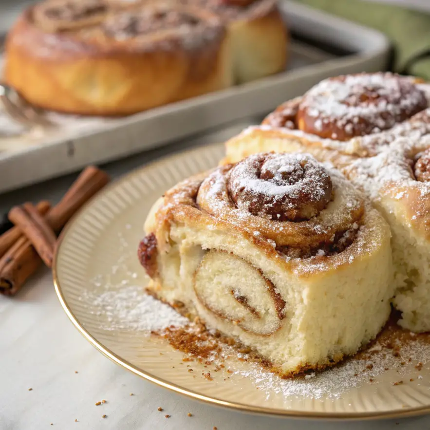 Close-up of Grandma's Cinnamon Roll Cake with a rich cinnamon swirl and cream cheese frosting