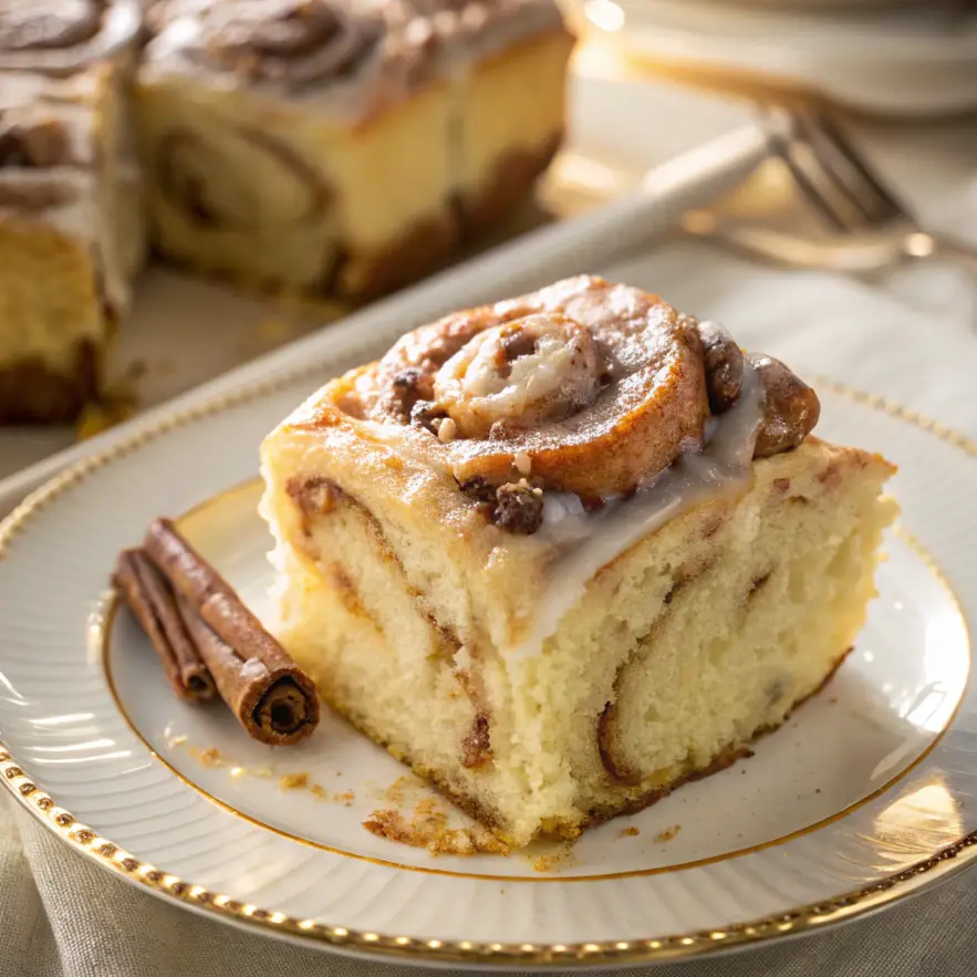 Close-up of Grandma's Cinnamon Roll Cake with a rich cinnamon swirl and cream cheese frosting