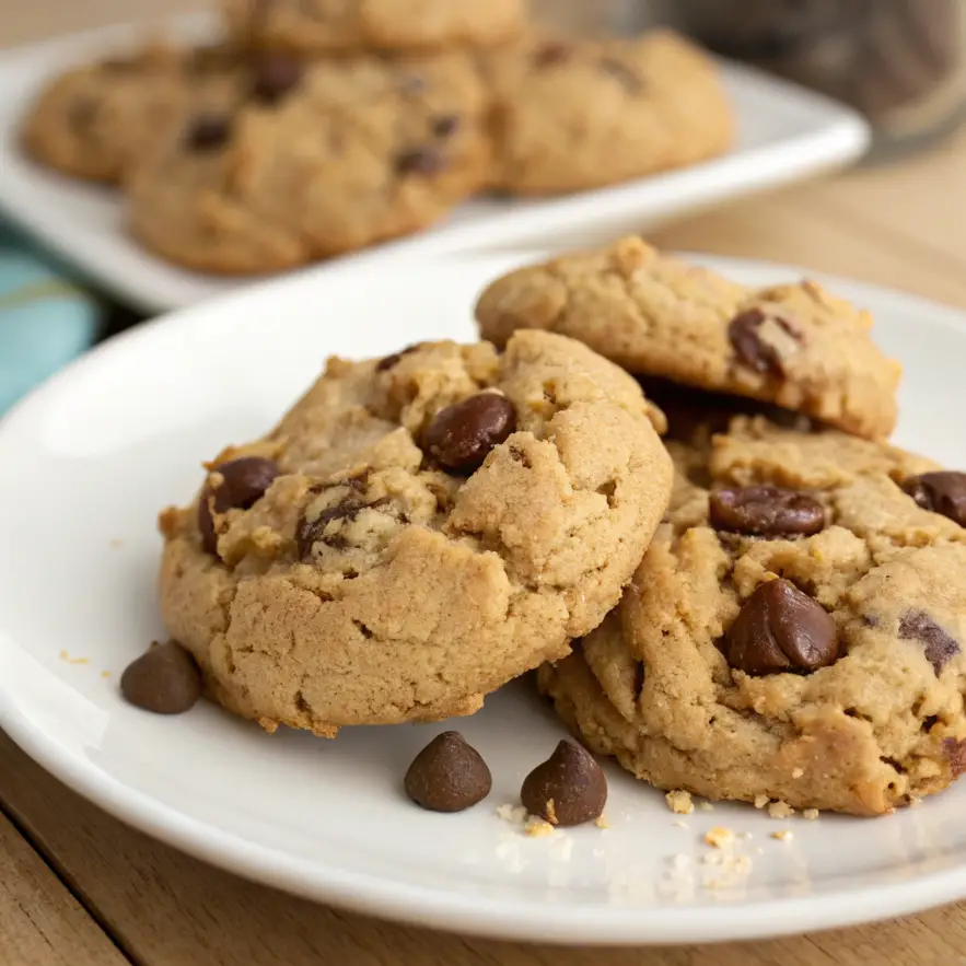 5-ingredient peanut butter oatmeal chocolate chip cookies on a cooling rack, golden brown and studded with melted chocolate chips.