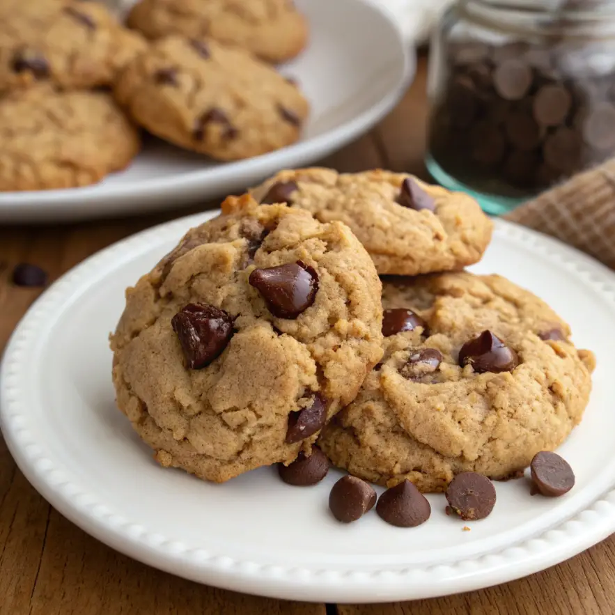 5-ingredient peanut butter oatmeal chocolate chip cookies on a cooling rack, golden brown and studded with melted chocolate chips.