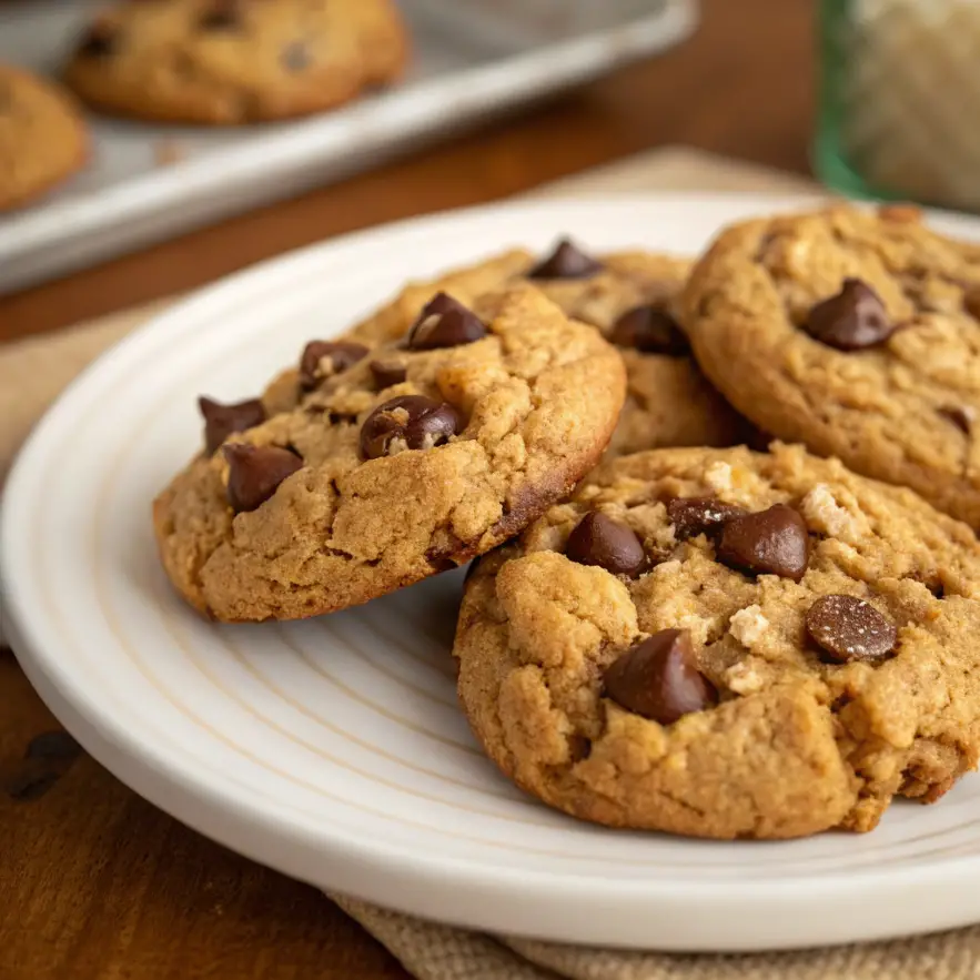 5-ingredient peanut butter oatmeal chocolate chip cookies on a cooling rack, golden brown and studded with melted chocolate chips.