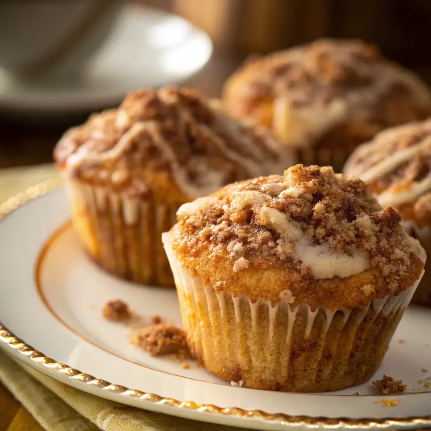 Freshly baked coffee cake muffins topped with golden brown cinnamon streusel, served on a white plate