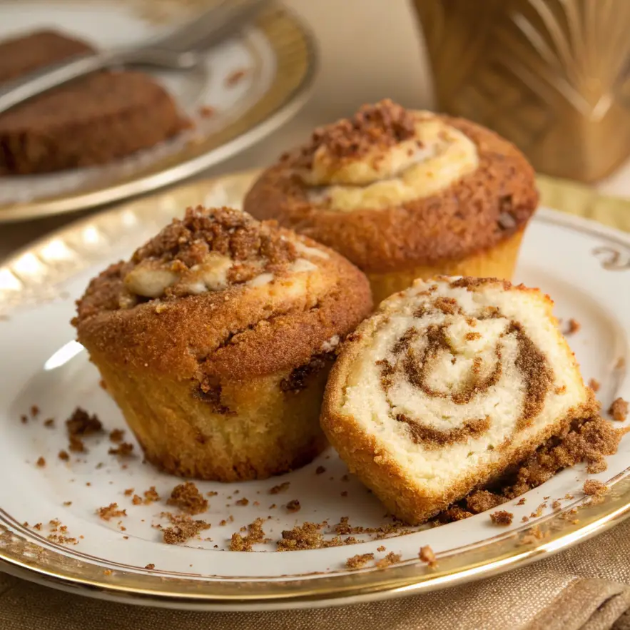 Freshly baked coffee cake muffins topped with golden brown cinnamon streusel, served on a white plate