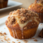 Freshly baked coffee cake muffins topped with golden brown cinnamon streusel, served on a white plate