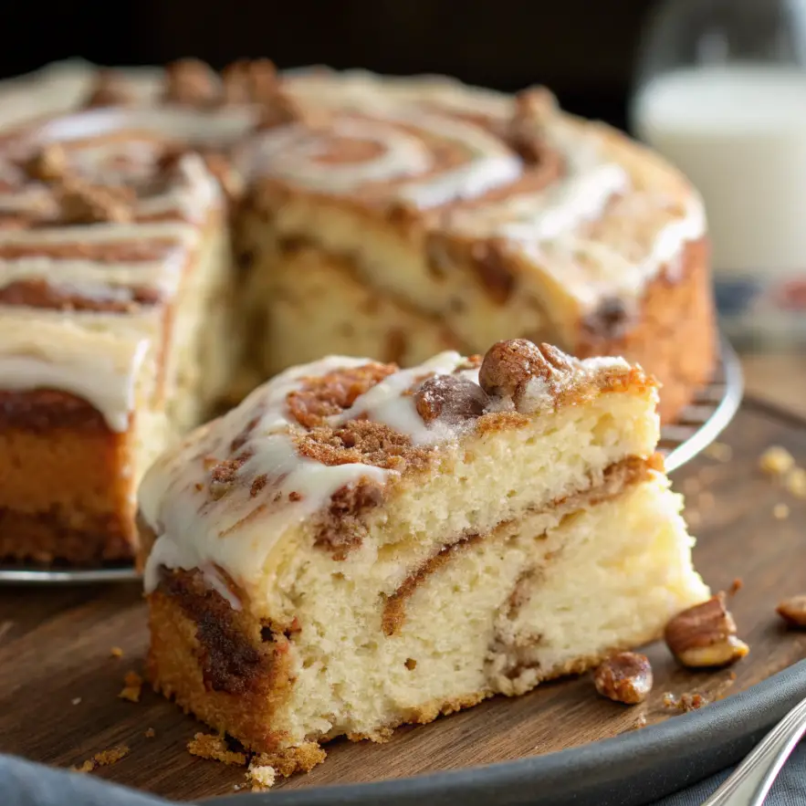 Close-up of Grandma's Cinnamon Roll Cake with a rich cinnamon swirl and cream cheese frosting