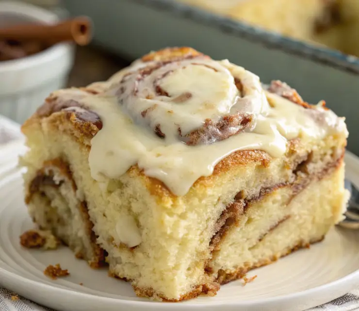 Close-up of Grandma's Cinnamon Roll Cake with a rich cinnamon swirl and cream cheese frosting