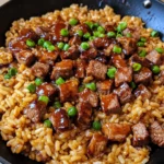 One-Skillet Creamy Honey BBQ Steak Rice with tender steak, cheesy rice, and fresh parsley garnish.