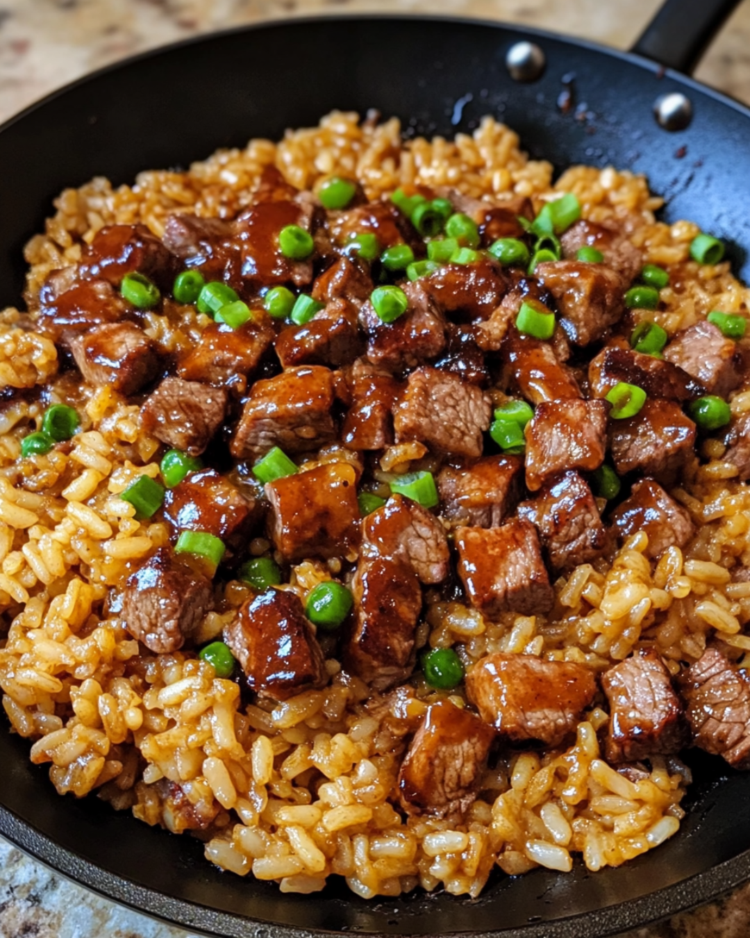 One-Skillet Creamy Honey BBQ Steak Rice with tender steak, cheesy rice, and fresh parsley garnish.