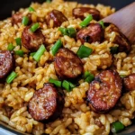 A bowl of Sweet and Tangy BBQ Sausage Rice with colorful peppers, smoked sausage, and fresh herbs, served in a rustic skillet.