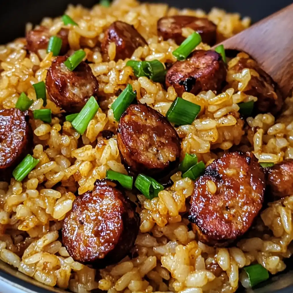 A bowl of Sweet and Tangy BBQ Sausage Rice with colorful peppers, smoked sausage, and fresh herbs, served in a rustic skillet.