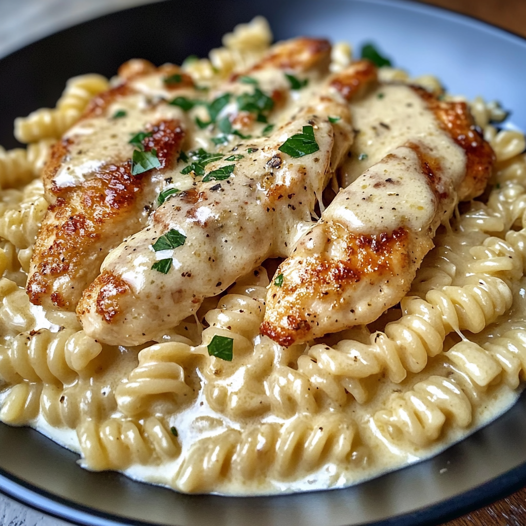 Creamy Garlic Butter Chicken and Rotini in Parmesan Sauce