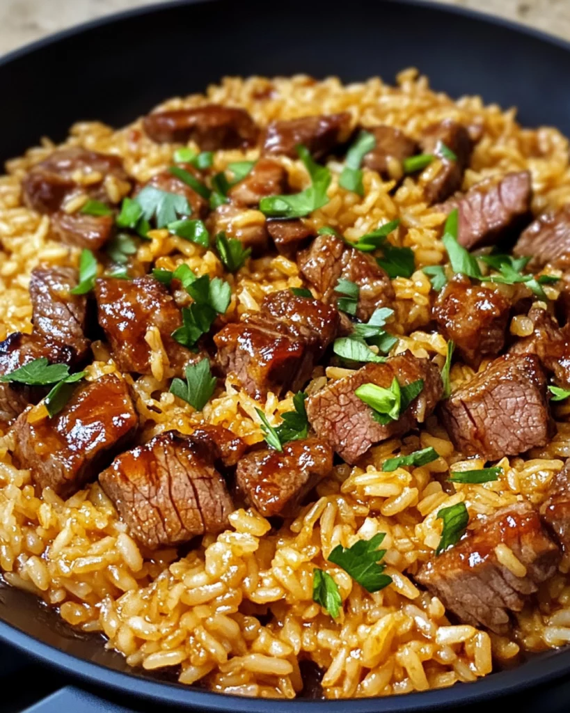 One-Skillet Creamy Honey BBQ Steak Rice with tender steak, cheesy rice, and fresh parsley garnish.