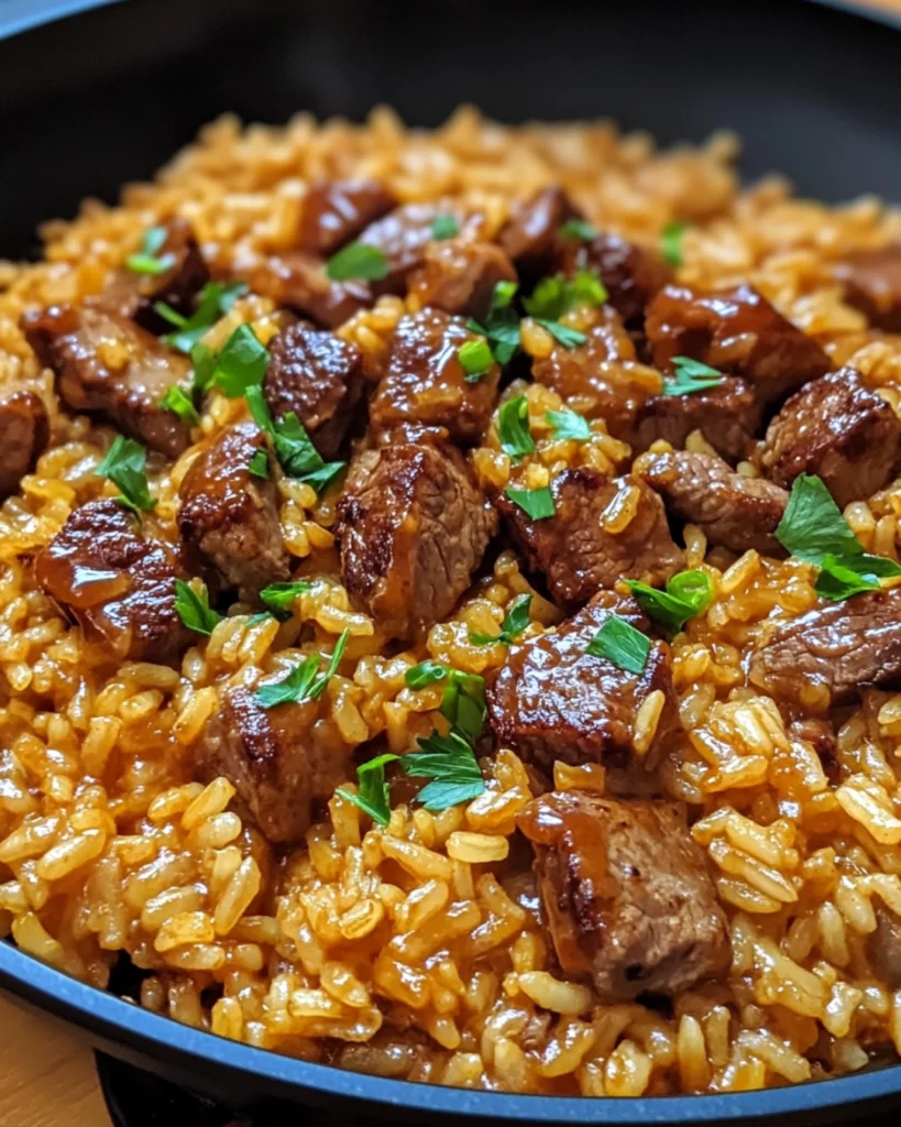 One-Skillet Creamy Honey BBQ Steak Rice with tender steak, cheesy rice, and fresh parsley garnish.