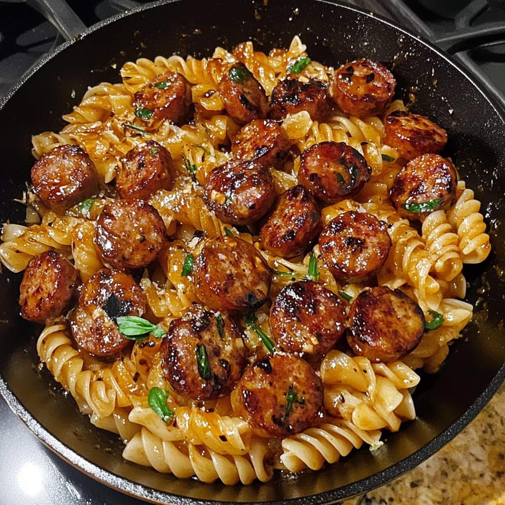 Sticky Honey Garlic Sausage Pasta Skillet