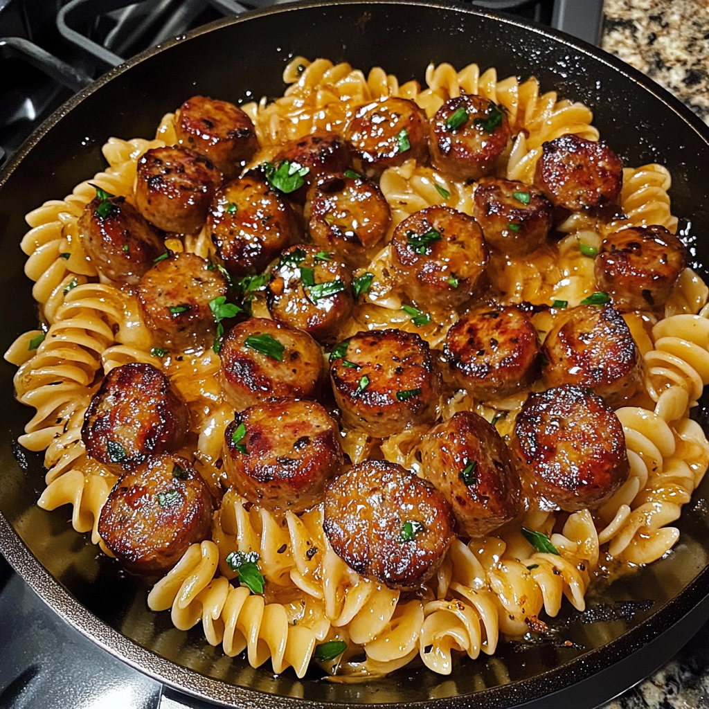 Sticky Honey Garlic Sausage Pasta Skillet